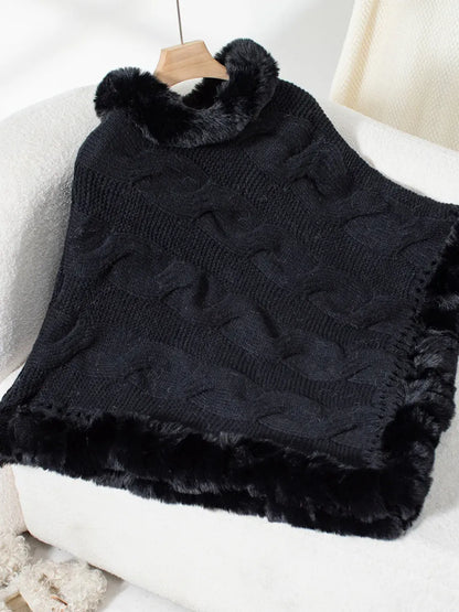 Fuzzy Hem Cable-Knit Poncho Poncho Black / One Size The Nichole Collection