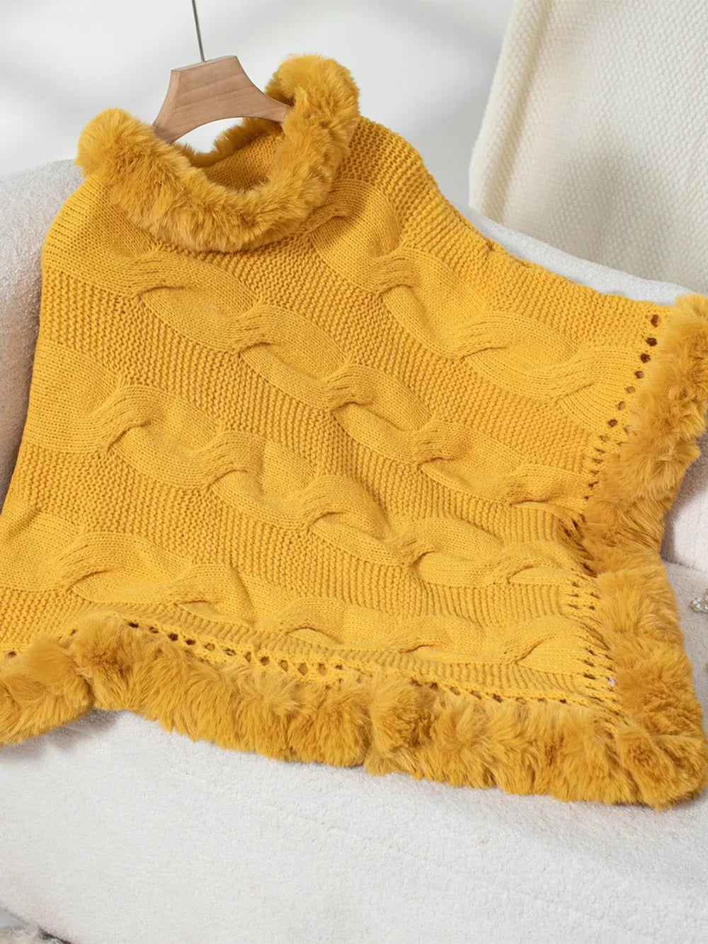 Fuzzy Hem Cable-Knit Poncho Poncho Gold / One Size The Nichole Collection