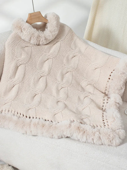 Fuzzy Hem Cable-Knit Poncho Poncho Eggshell / One Size The Nichole Collection