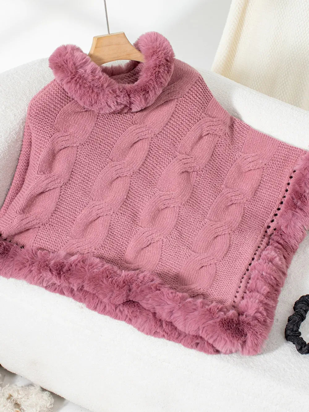 Fuzzy Hem Cable-Knit Poncho Poncho Dusty Pink / One Size The Nichole Collection