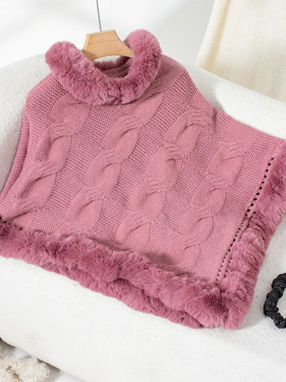 Fuzzy Hem Cable-Knit Poncho Poncho Dusty Pink / One Size The Nichole Collection
