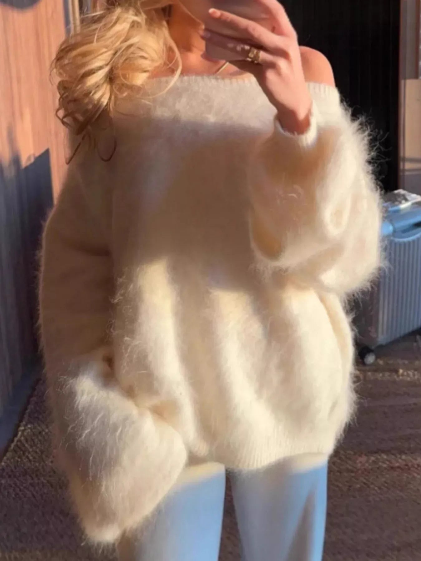 Fuzzy One-Shoulder Oversized Sweater Gray/white / S The Nichole Collection - Official Site