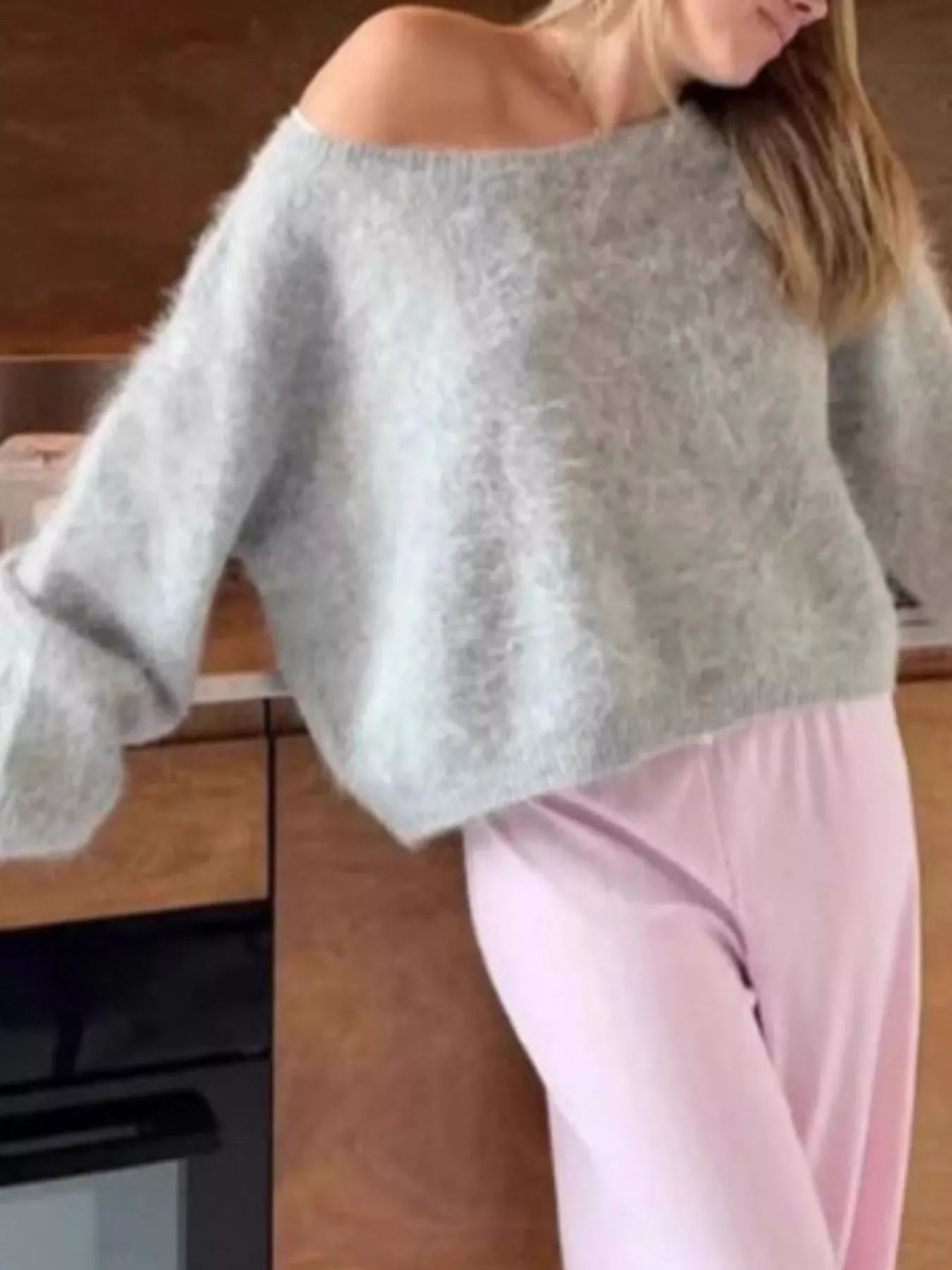 Fuzzy One-Shoulder Oversized Sweater Gray / S The Nichole Collection - Official Site