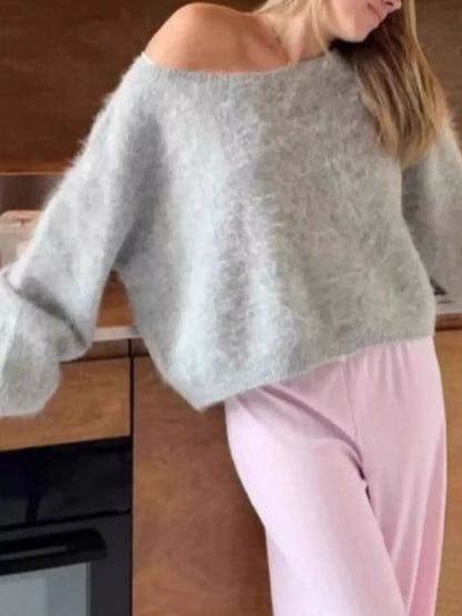 Fuzzy One-Shoulder Oversized Sweater Gray / S The Nichole Collection - Official Site