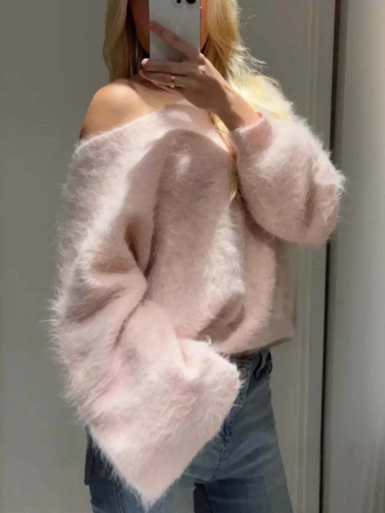 Fuzzy One-Shoulder Oversized Sweater Pink / S The Nichole Collection - Official Site