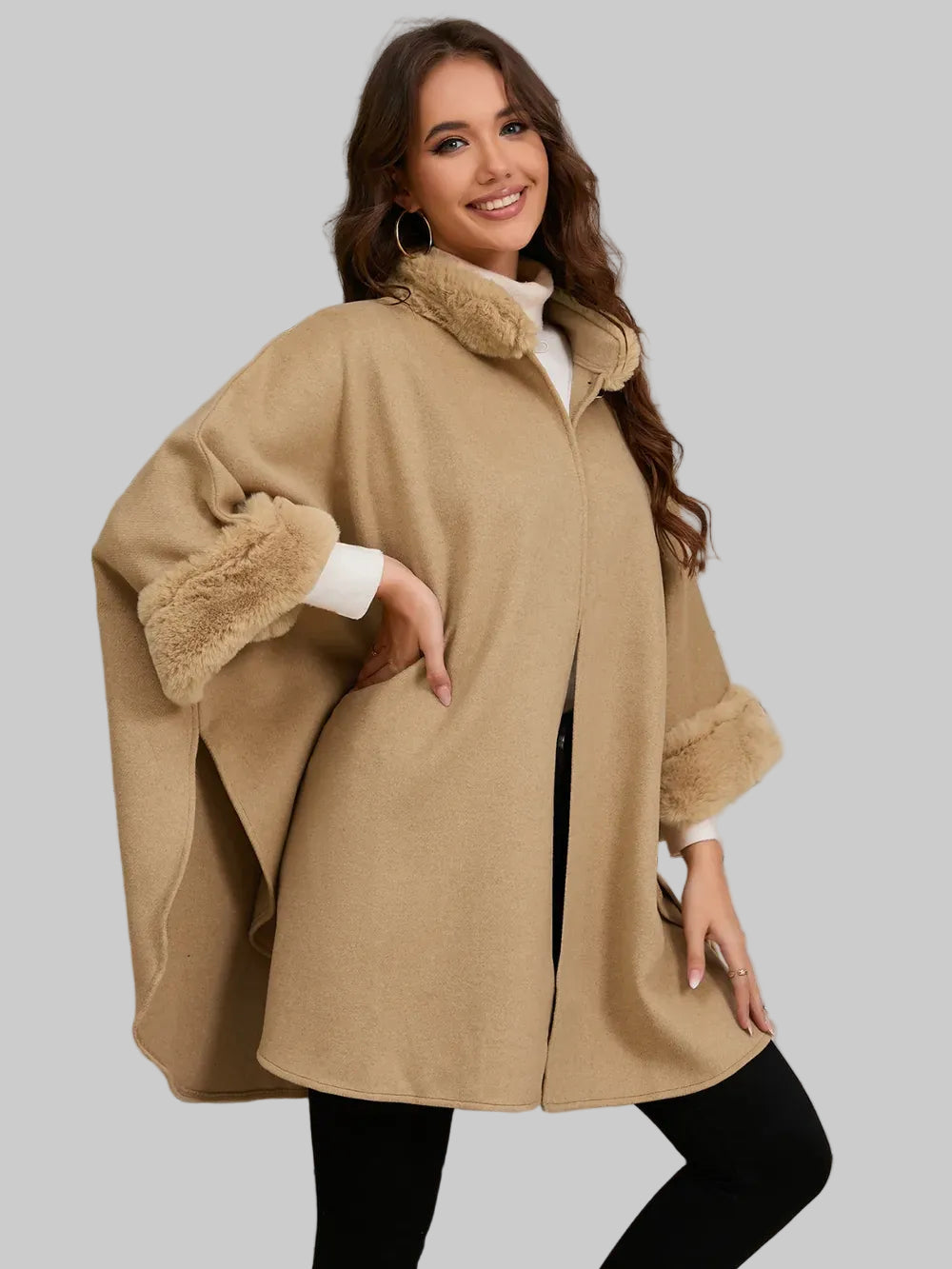 Fuzzy Trim Long Sleeve Poncho Poncho The Nichole Collection