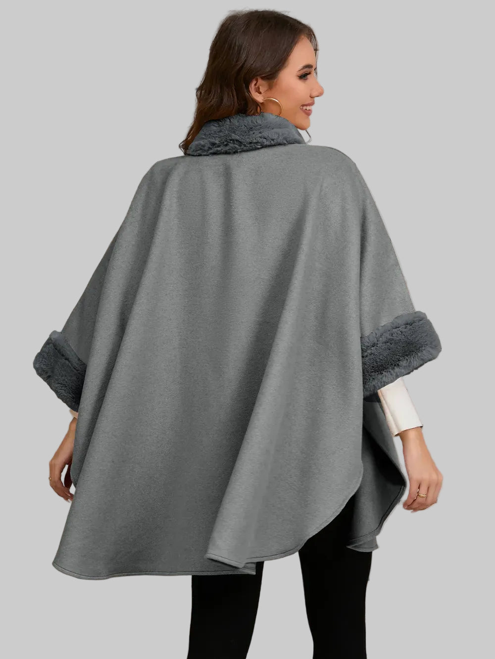 Fuzzy Trim Long Sleeve Poncho Poncho The Nichole Collection