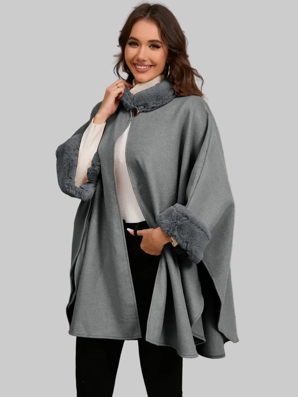 Fuzzy Trim Long Sleeve Poncho Poncho Gray / One Size The Nichole Collection
