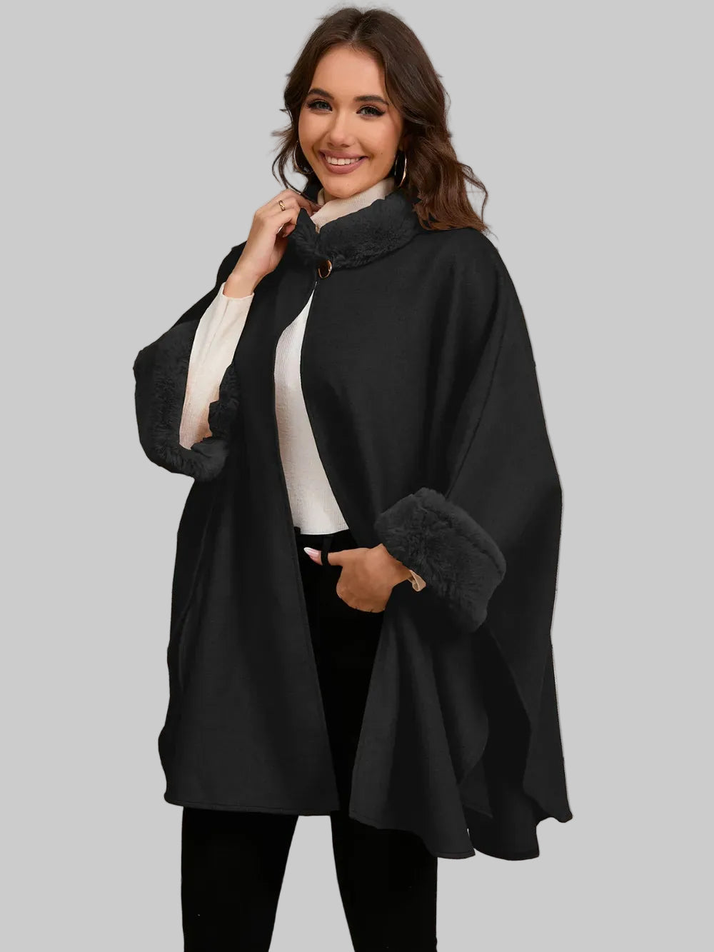 Fuzzy Trim Long Sleeve Poncho Poncho The Nichole Collection