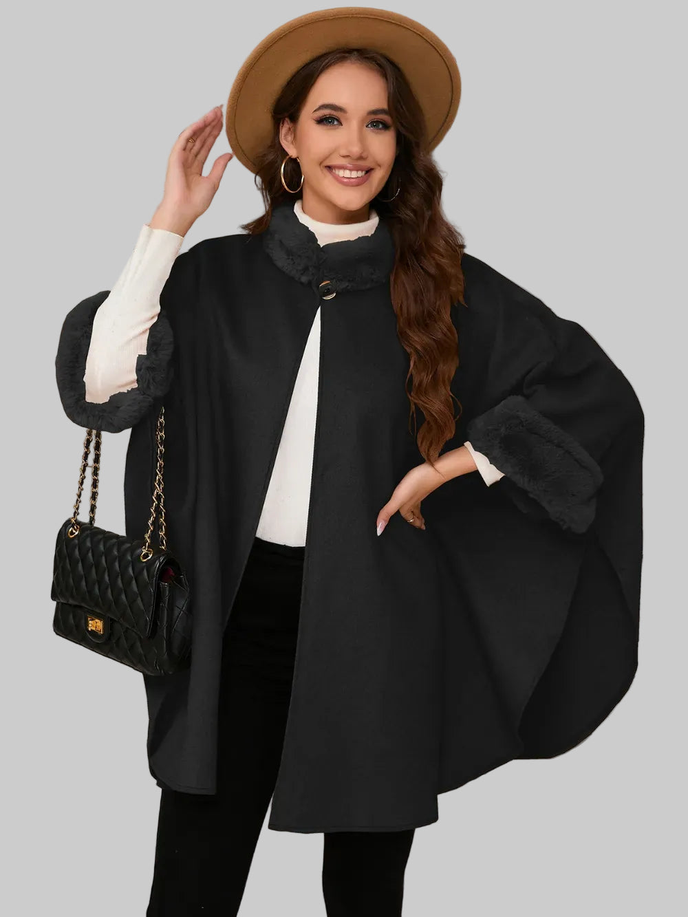Fuzzy Trim Long Sleeve Poncho Poncho Black / One Size The Nichole Collection
