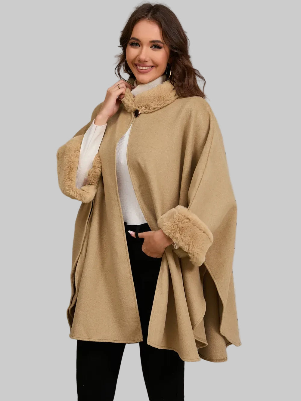 Fuzzy Trim Long Sleeve Poncho Poncho The Nichole Collection
