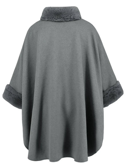 Fuzzy Trim Long Sleeve Poncho Poncho The Nichole Collection