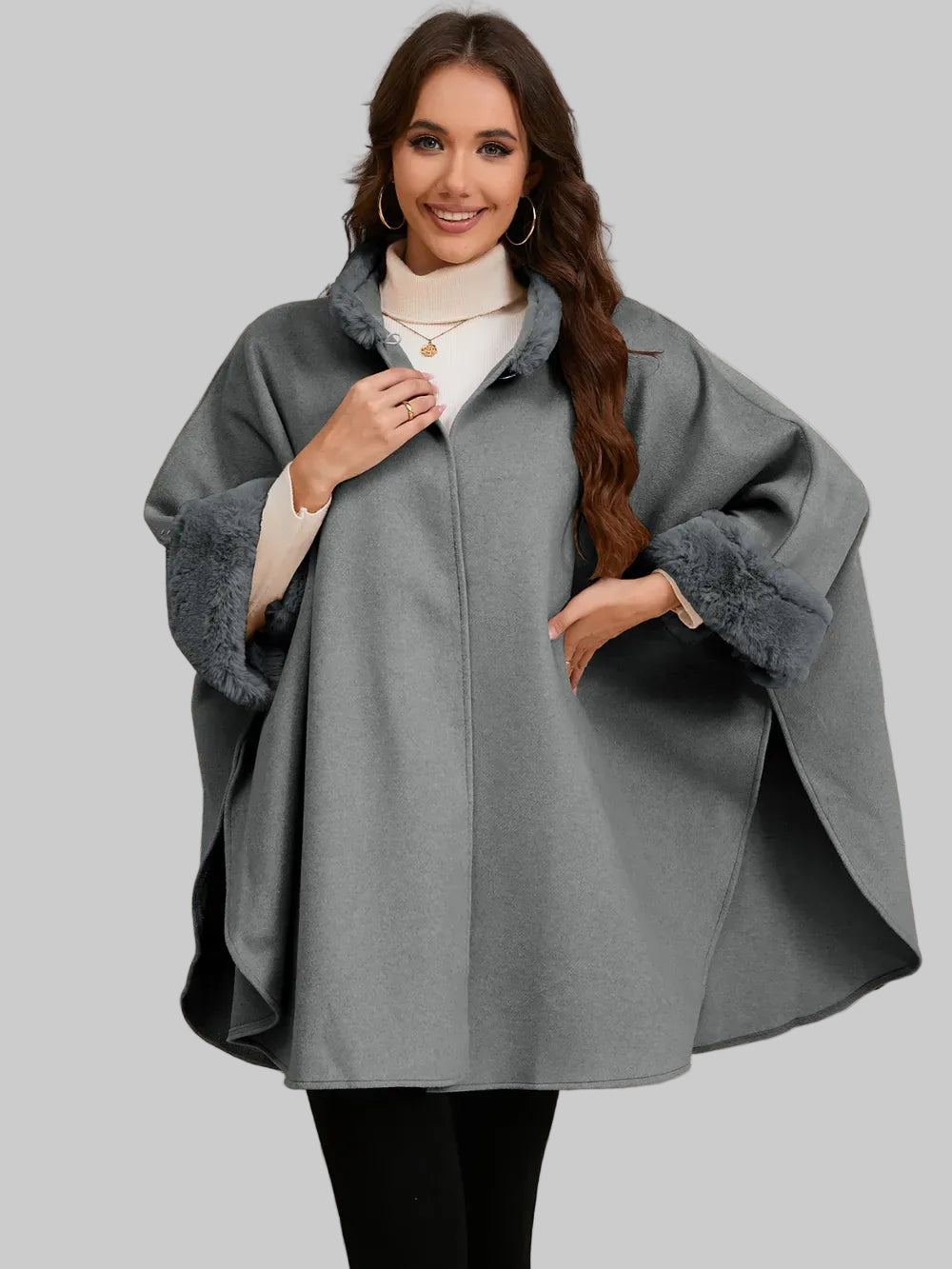 Fuzzy Trim Long Sleeve Poncho Poncho The Nichole Collection