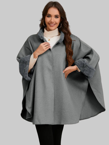 Fuzzy Trim Long Sleeve Poncho Poncho The Nichole Collection