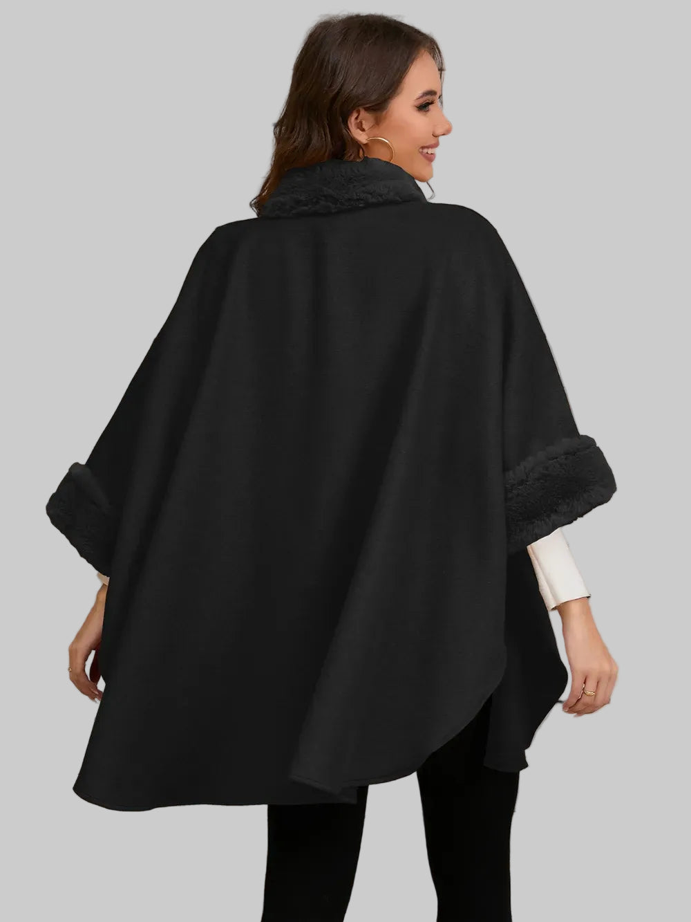 Fuzzy Trim Long Sleeve Poncho Poncho The Nichole Collection