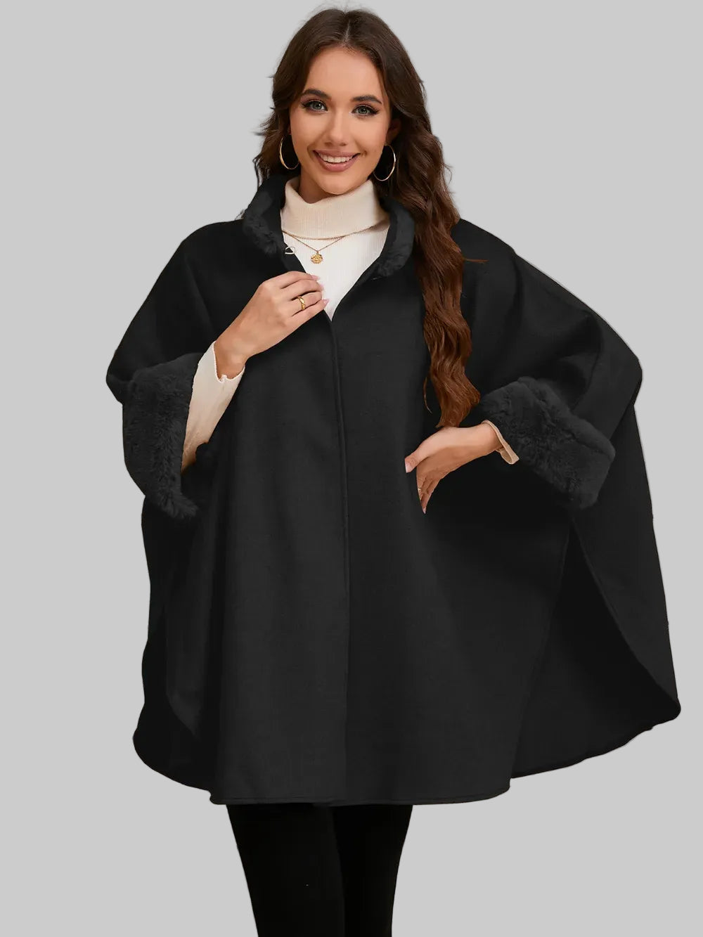 Fuzzy Trim Long Sleeve Poncho Poncho The Nichole Collection