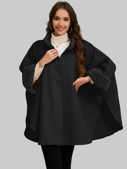 Fuzzy Trim Long Sleeve Poncho Poncho The Nichole Collection