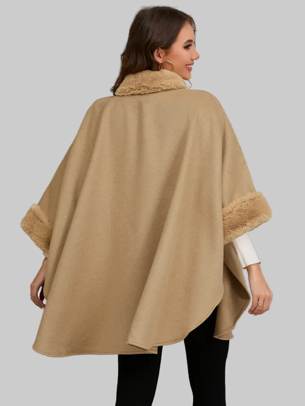 Fuzzy Trim Long Sleeve Poncho Poncho The Nichole Collection