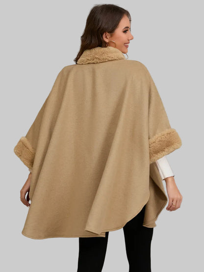 Fuzzy Trim Long Sleeve Poncho Poncho The Nichole Collection