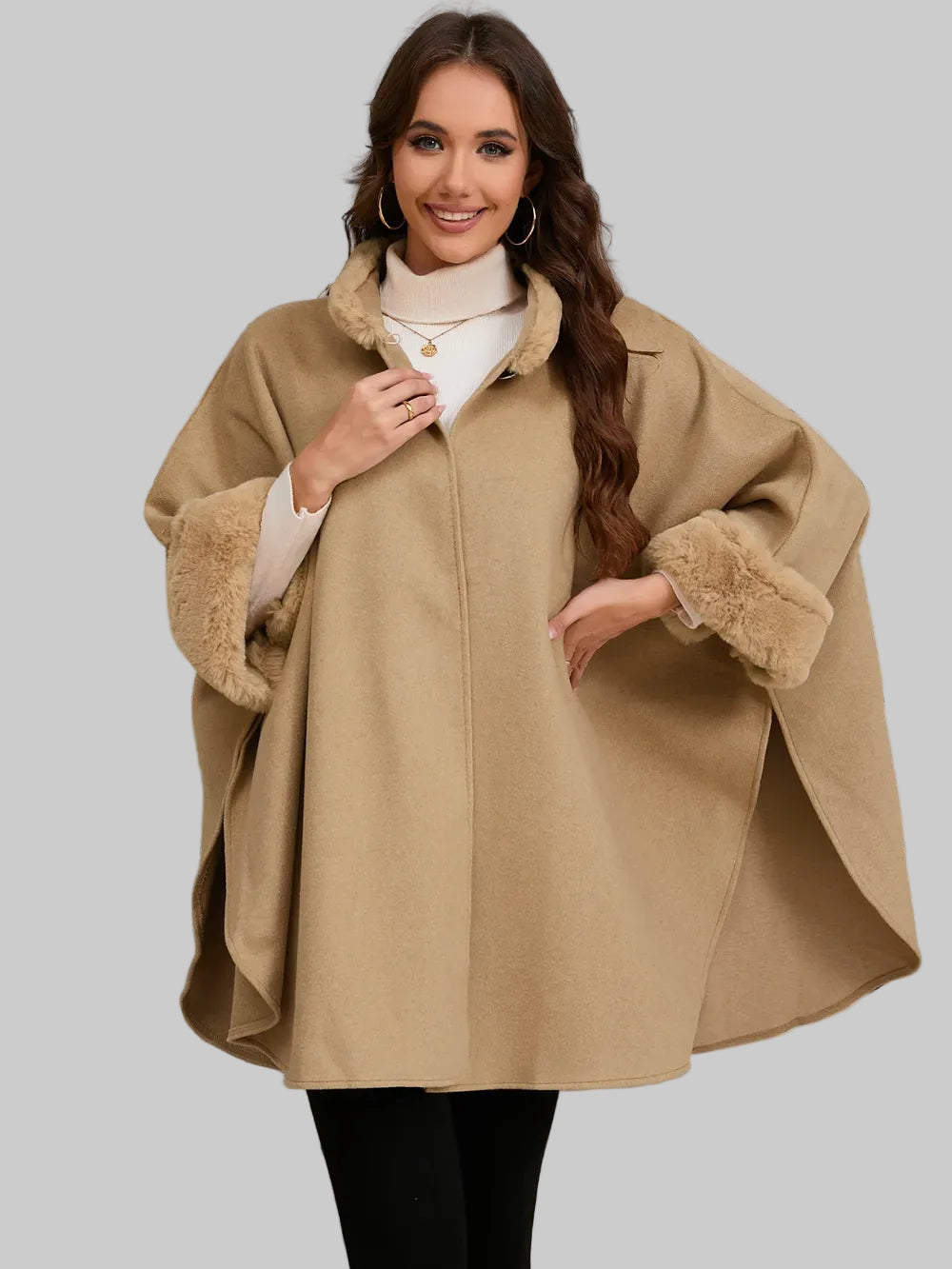 Fuzzy Trim Long Sleeve Poncho Poncho Tan / One Size The Nichole Collection
