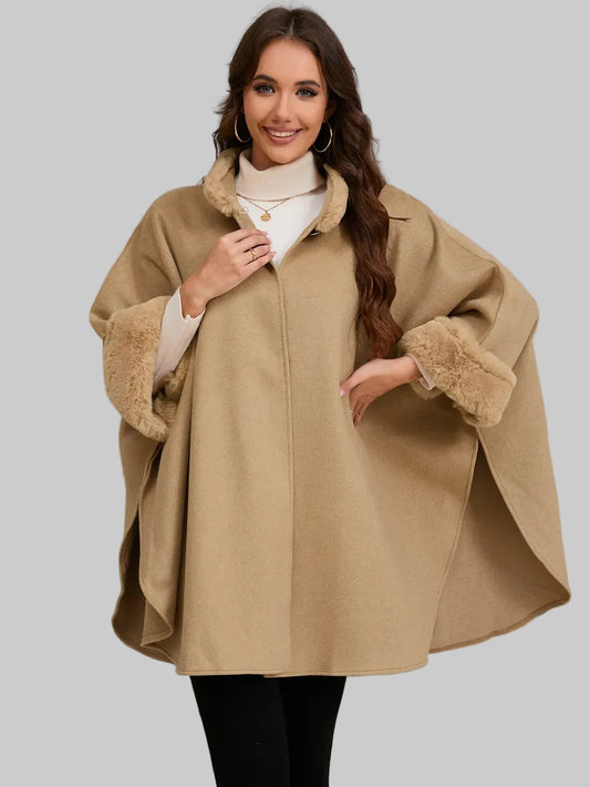 Fuzzy Trim Long Sleeve Poncho Poncho Tan / One Size The Nichole Collection