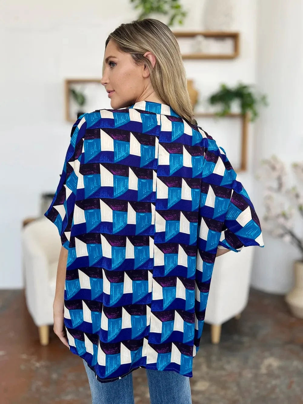 Geometric Notched Half Sleeve Blouse The Nichole Collection