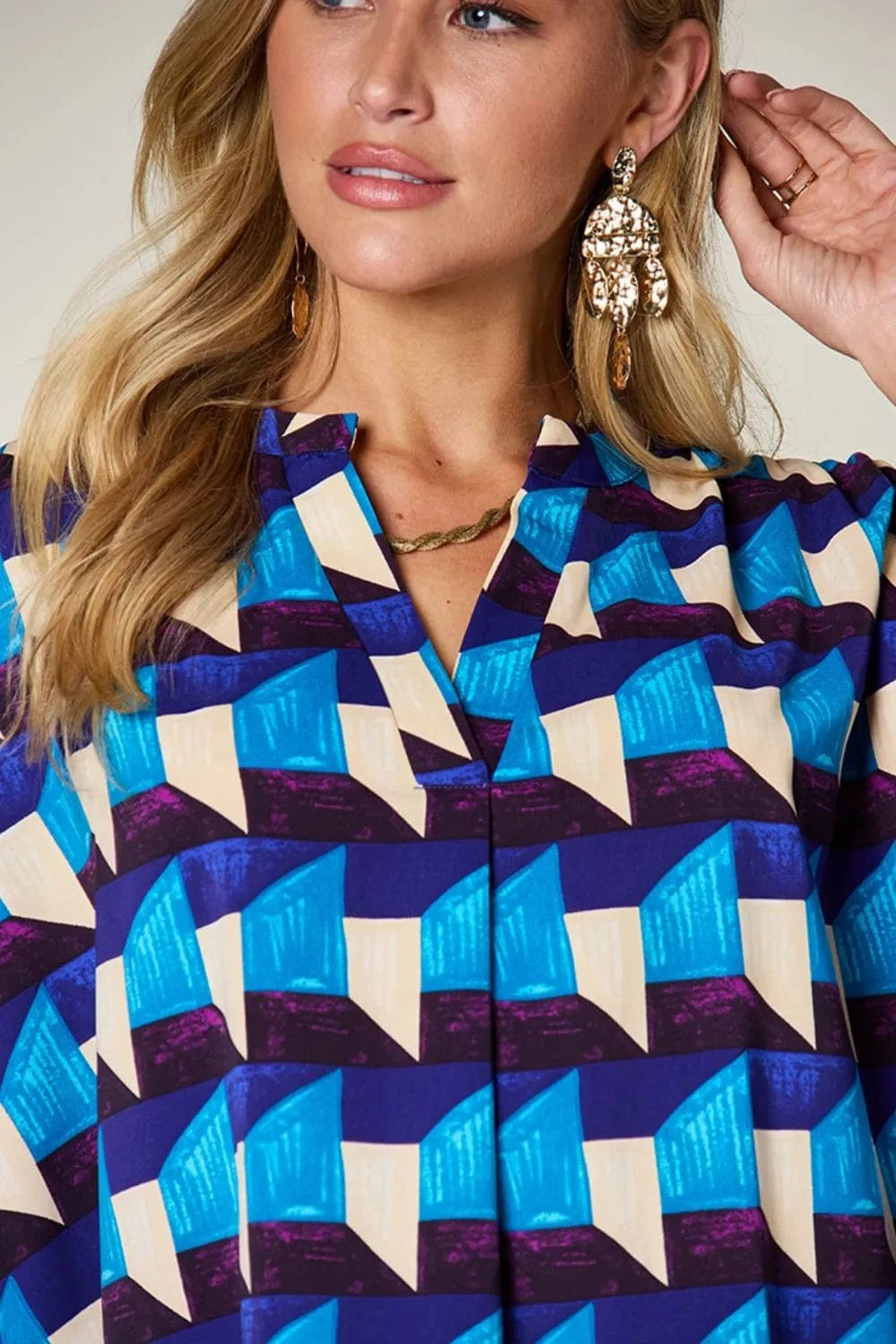 Geometric Notched Half Sleeve Blouse The Nichole Collection