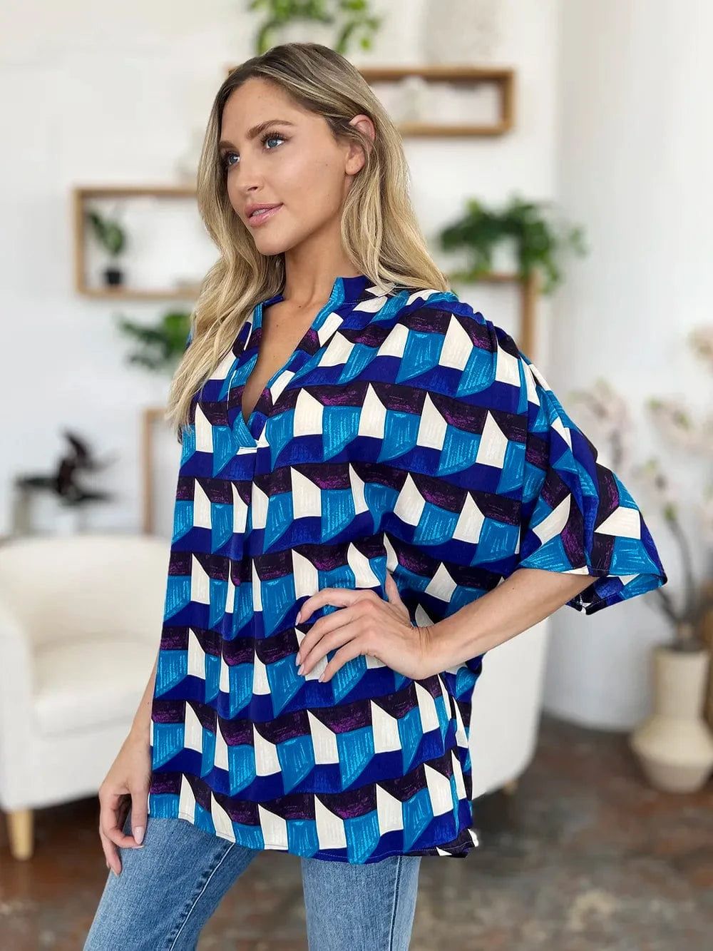 Geometric Notched Half Sleeve Blouse The Nichole Collection