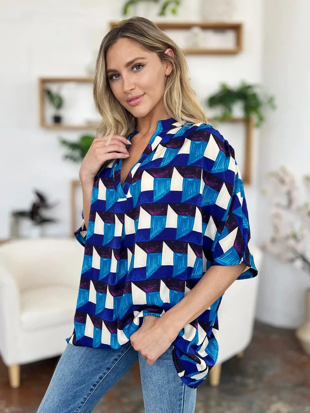 Geometric Notched Half Sleeve Blouse The Nichole Collection