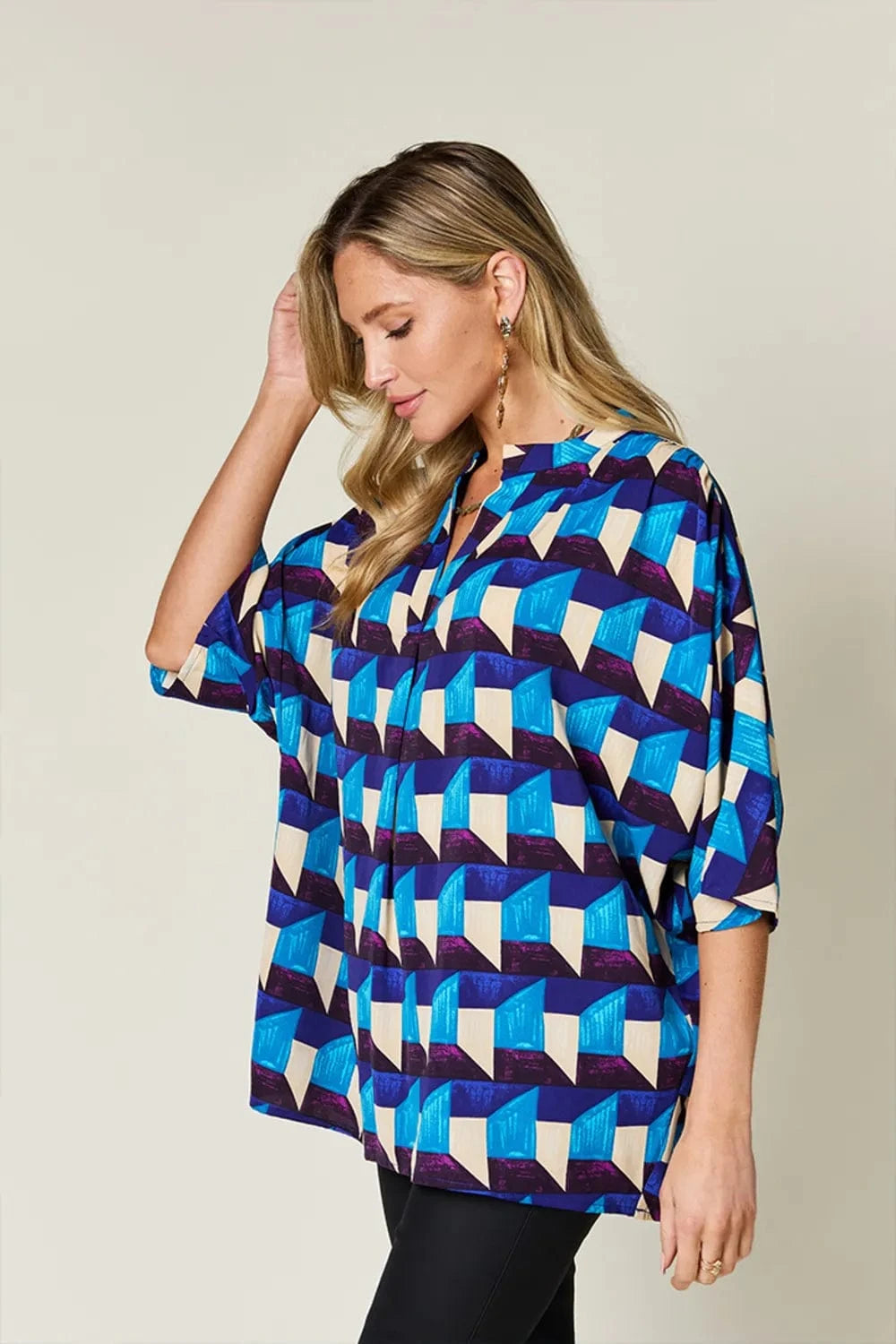 Geometric Notched Half Sleeve Blouse The Nichole Collection
