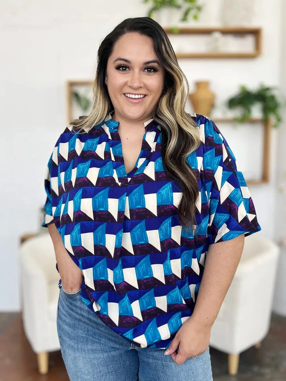 Geometric Notched Half Sleeve Blouse The Nichole Collection
