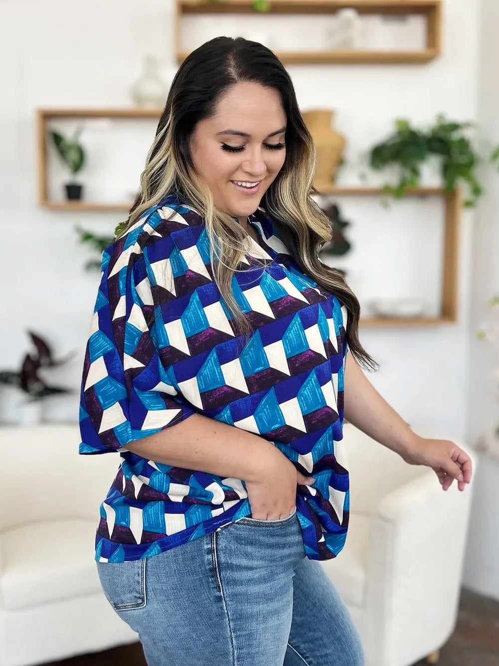 Geometric Notched Half Sleeve Blouse The Nichole Collection