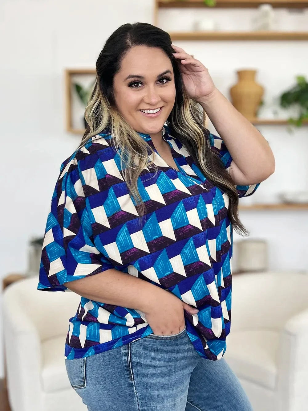 Geometric Notched Half Sleeve Blouse The Nichole Collection