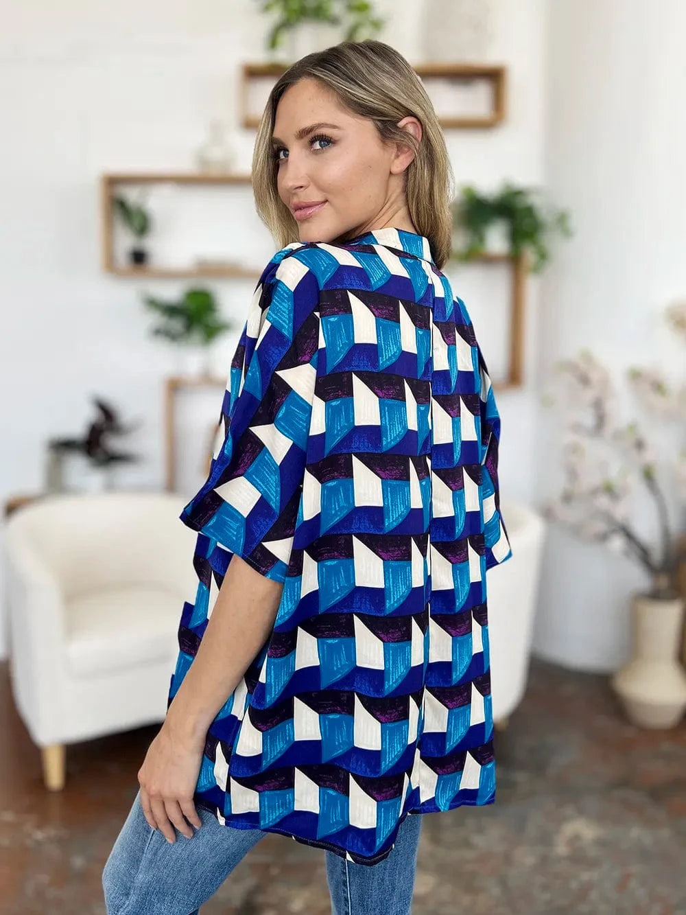 Geometric Notched Half Sleeve Blouse The Nichole Collection