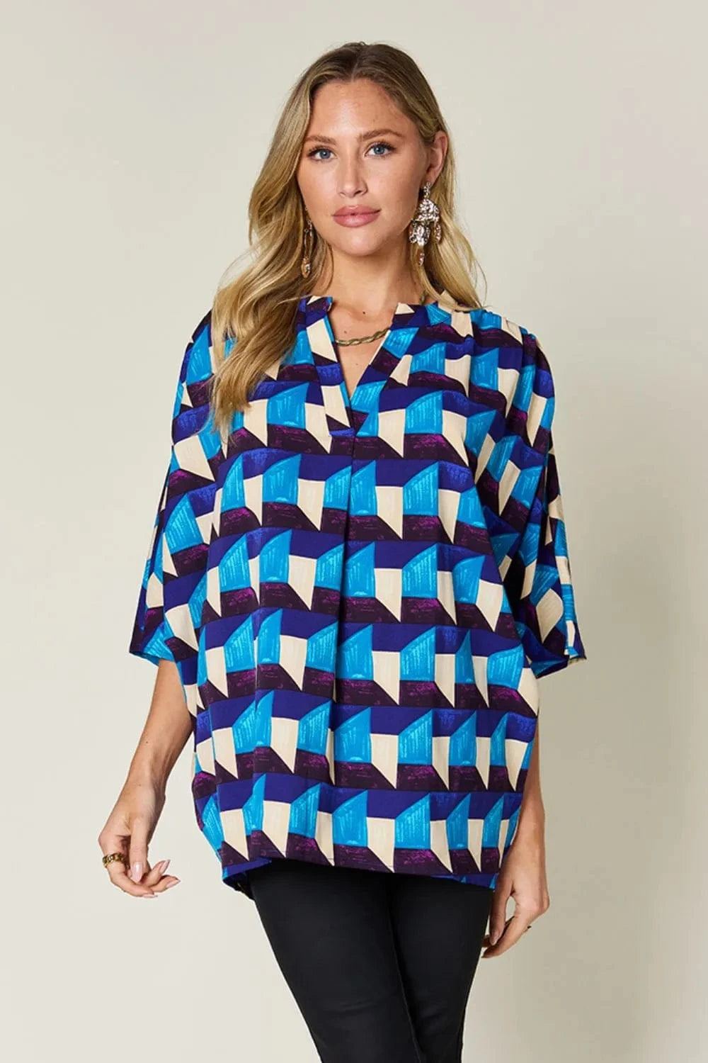 Geometric Notched Half Sleeve Blouse Sky Blue / S The Nichole Collection