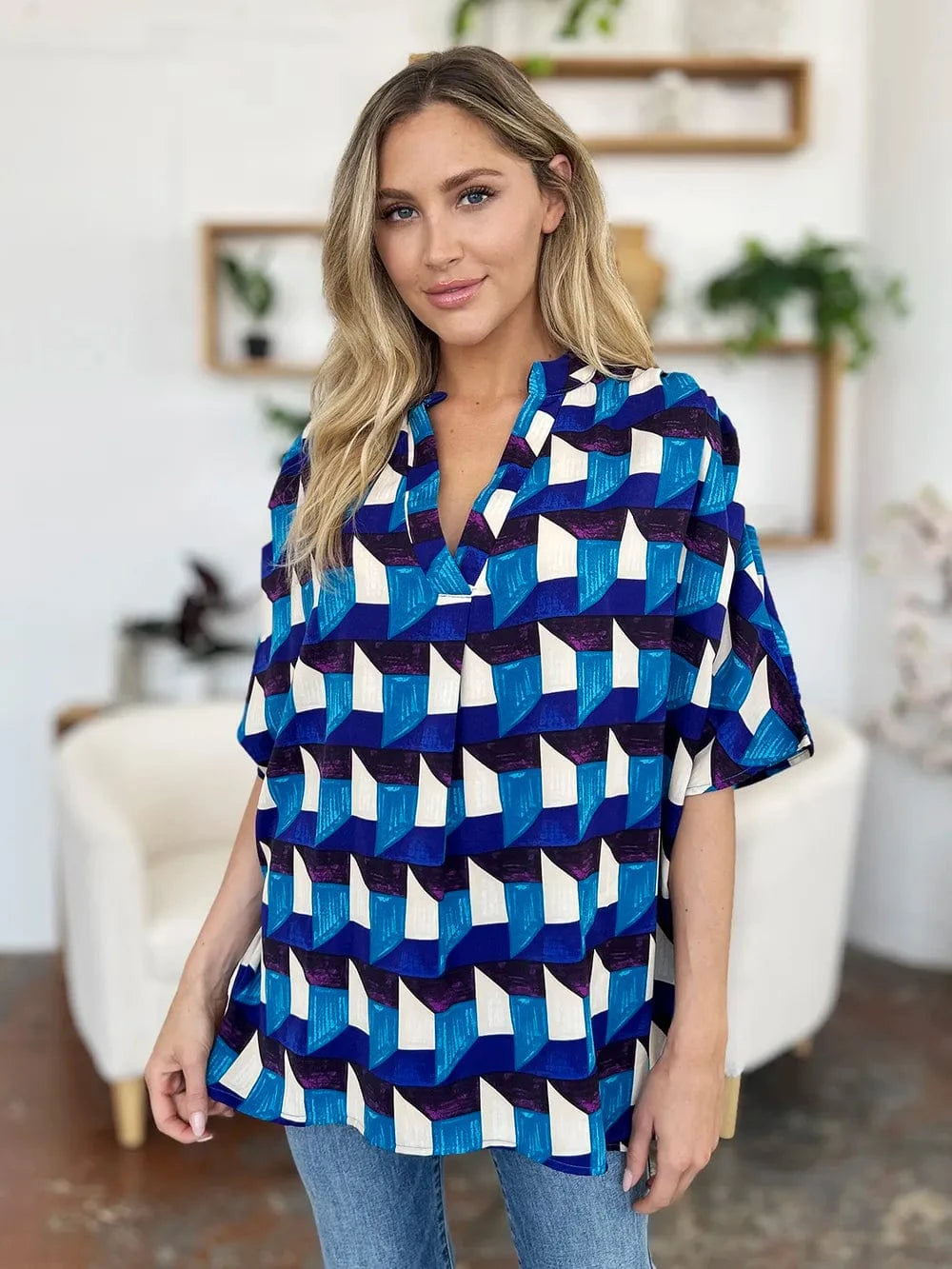 Geometric Notched Half Sleeve Blouse The Nichole Collection