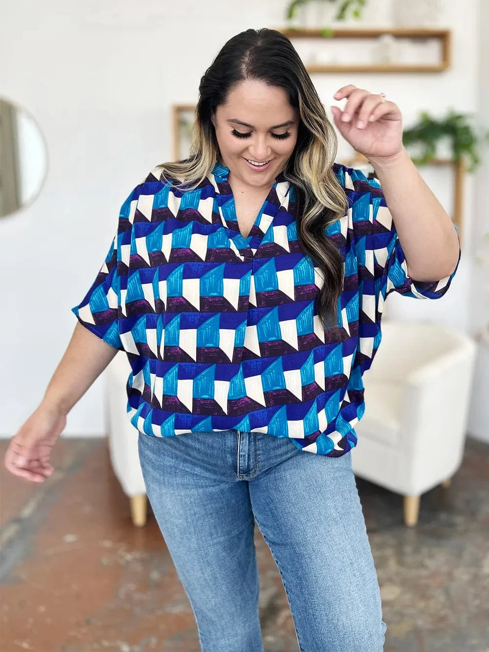 Geometric Notched Half Sleeve Blouse The Nichole Collection