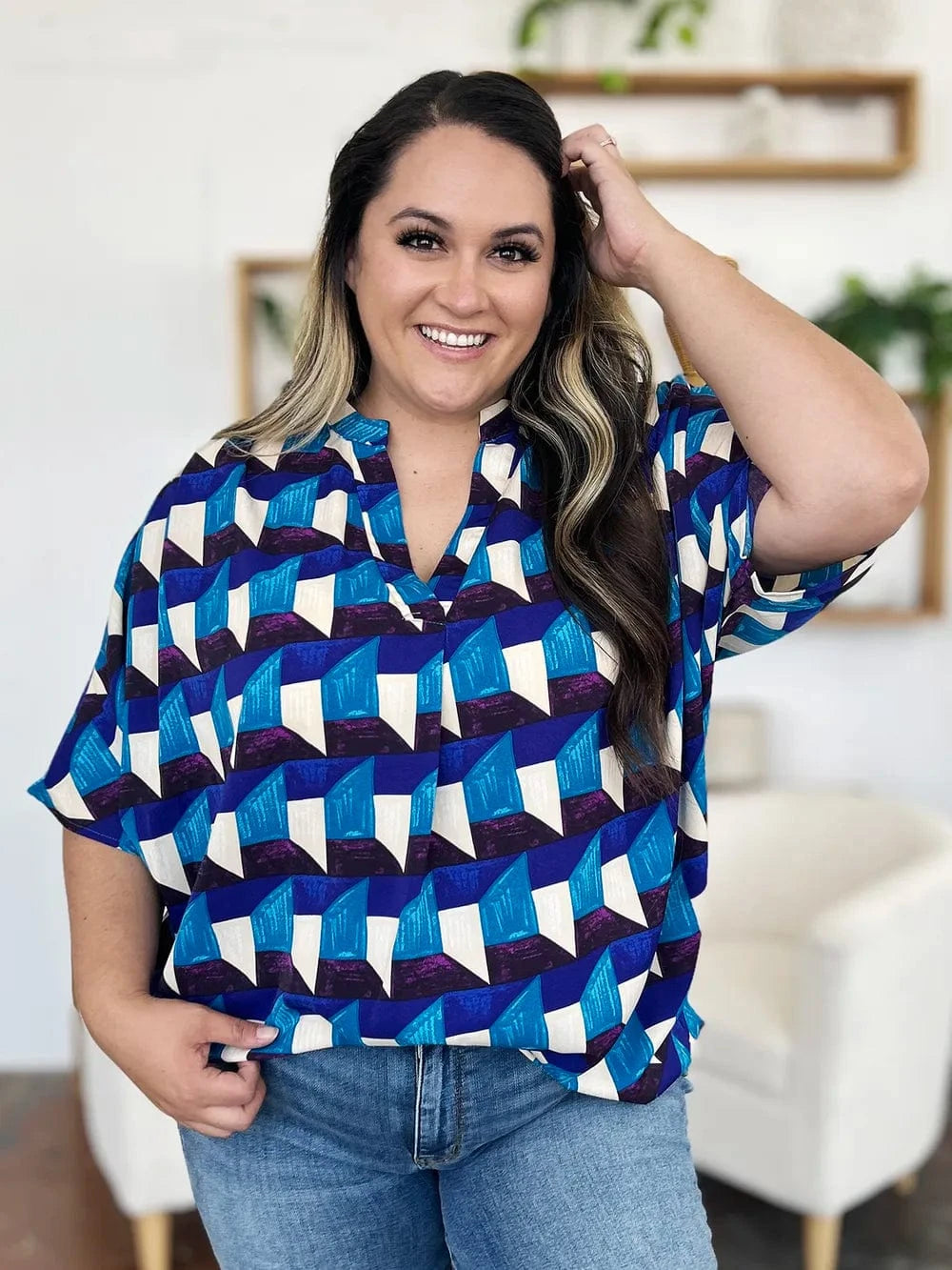 Geometric Notched Half Sleeve Blouse The Nichole Collection