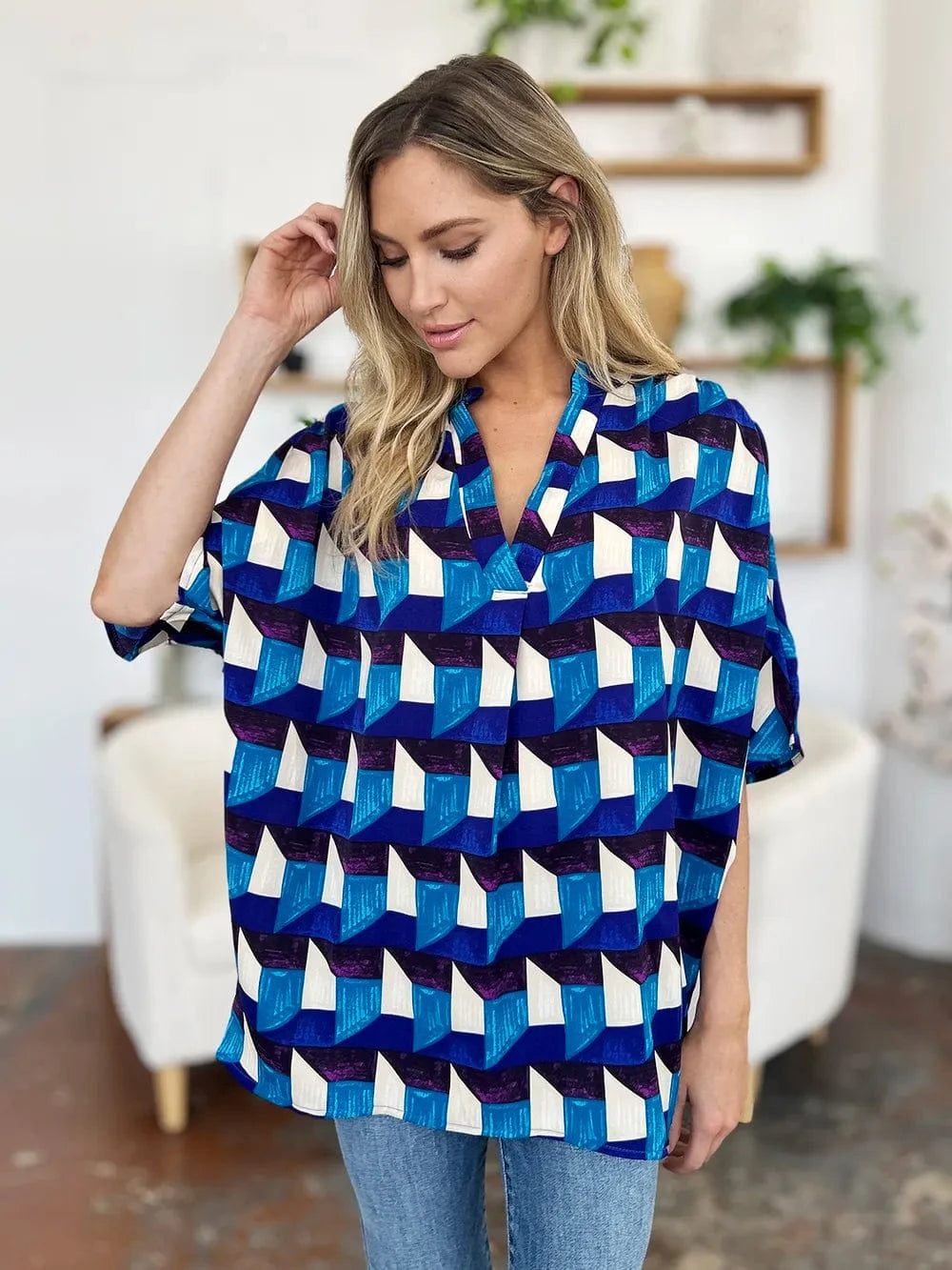 Geometric Notched Half Sleeve Blouse The Nichole Collection