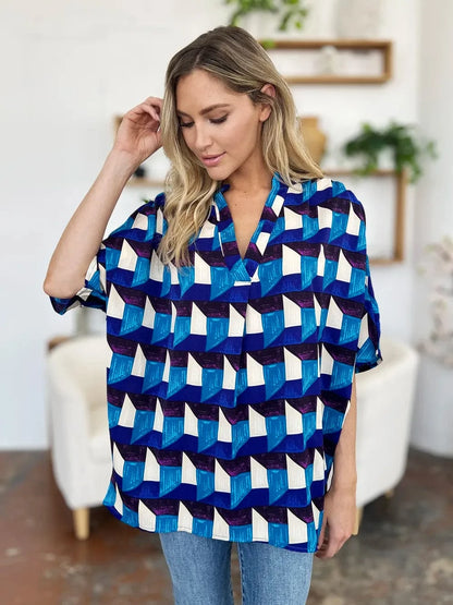 Geometric Notched Half Sleeve Blouse The Nichole Collection