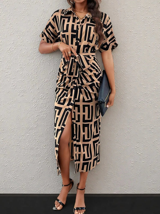 Geometric Print Belted Midi Dress Dresses The Nichole Collection