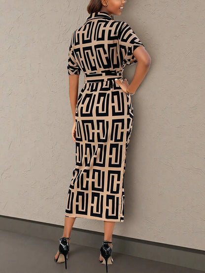 Geometric Print Belted Midi Dress Dresses The Nichole Collection