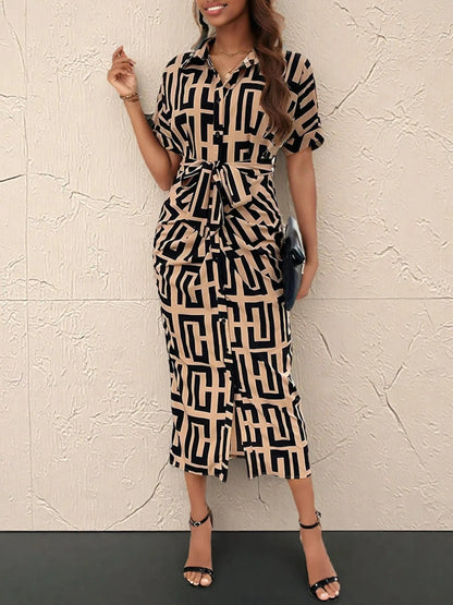 Geometric Print Belted Midi Dress Dresses The Nichole Collection