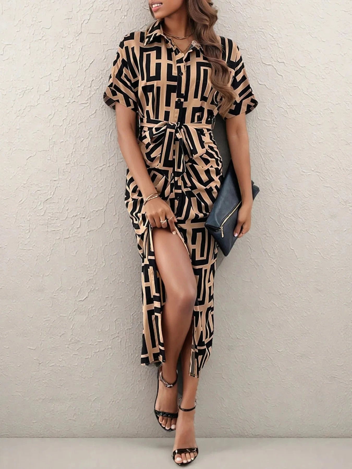 Geometric Print Belted Midi Dress Dresses Caramel / S The Nichole Collection