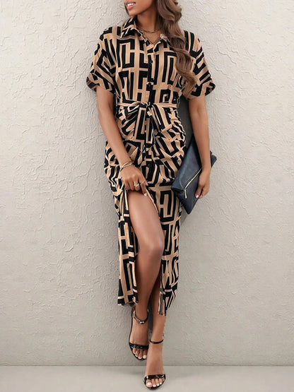 Geometric Print Belted Midi Dress Dresses Caramel / S The Nichole Collection