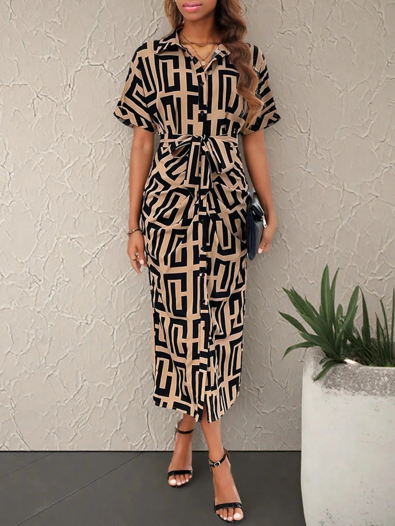 Geometric Print Belted Midi Dress Dresses The Nichole Collection