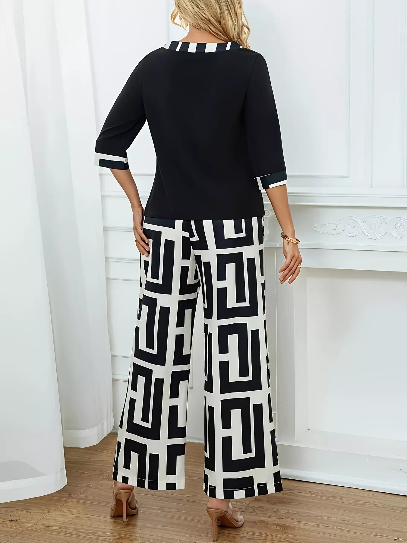 Geometric Print Round Neck Top and Pants Two-Piece Set Women's Sets The Nichole Collection