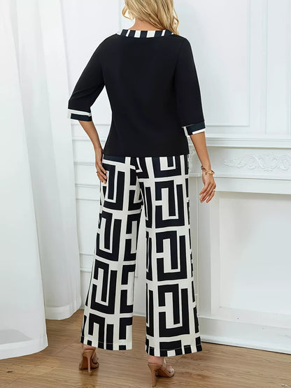 Geometric Print Round Neck Top and Pants Two-Piece Set Women's Sets The Nichole Collection