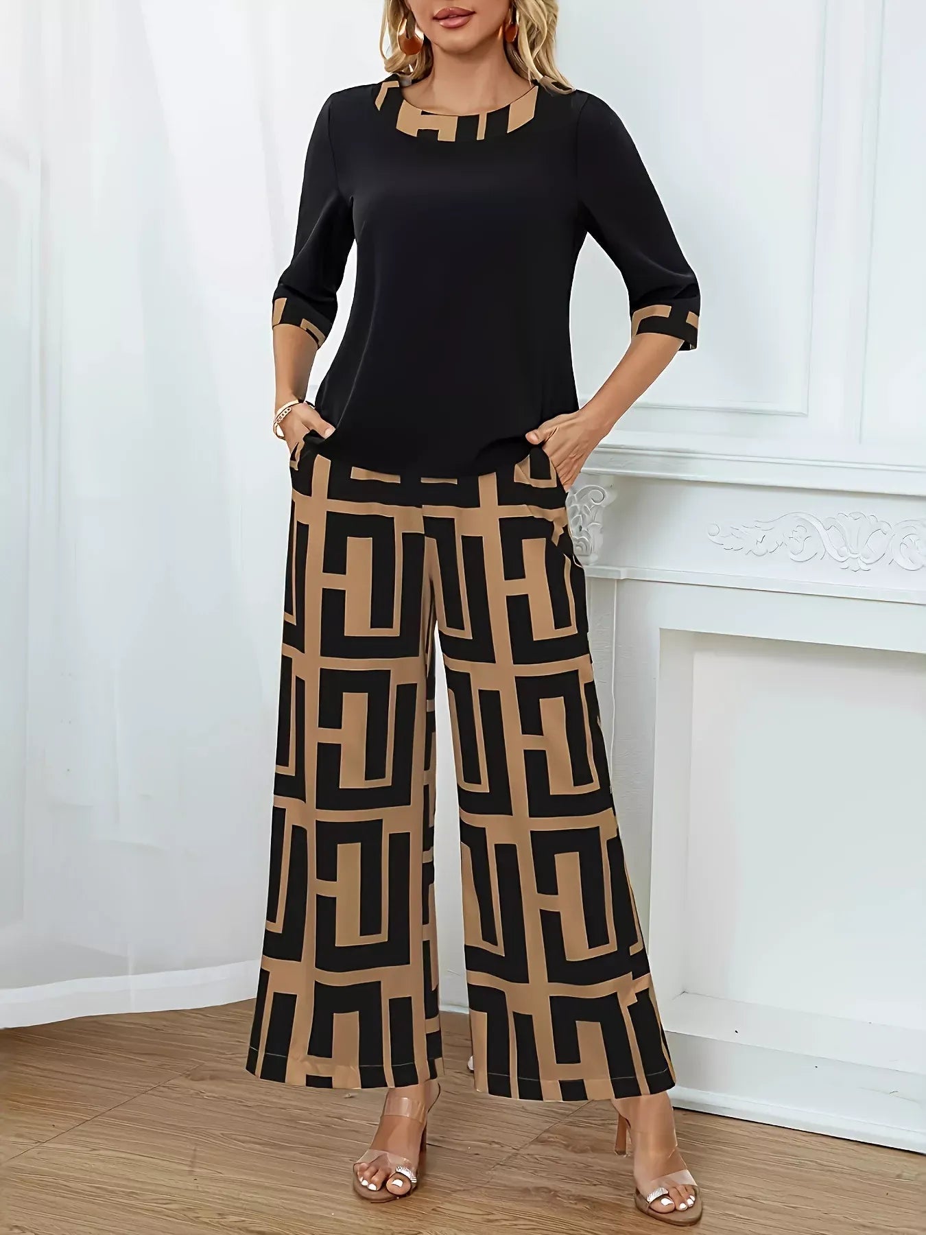 Geometric Print Round Neck Top and Pants Two-Piece Set Women's Sets Ochre / S The Nichole Collection
