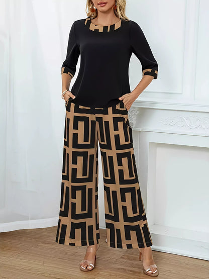 Geometric Print Round Neck Top and Pants Two-Piece Set Women's Sets Ochre / S The Nichole Collection